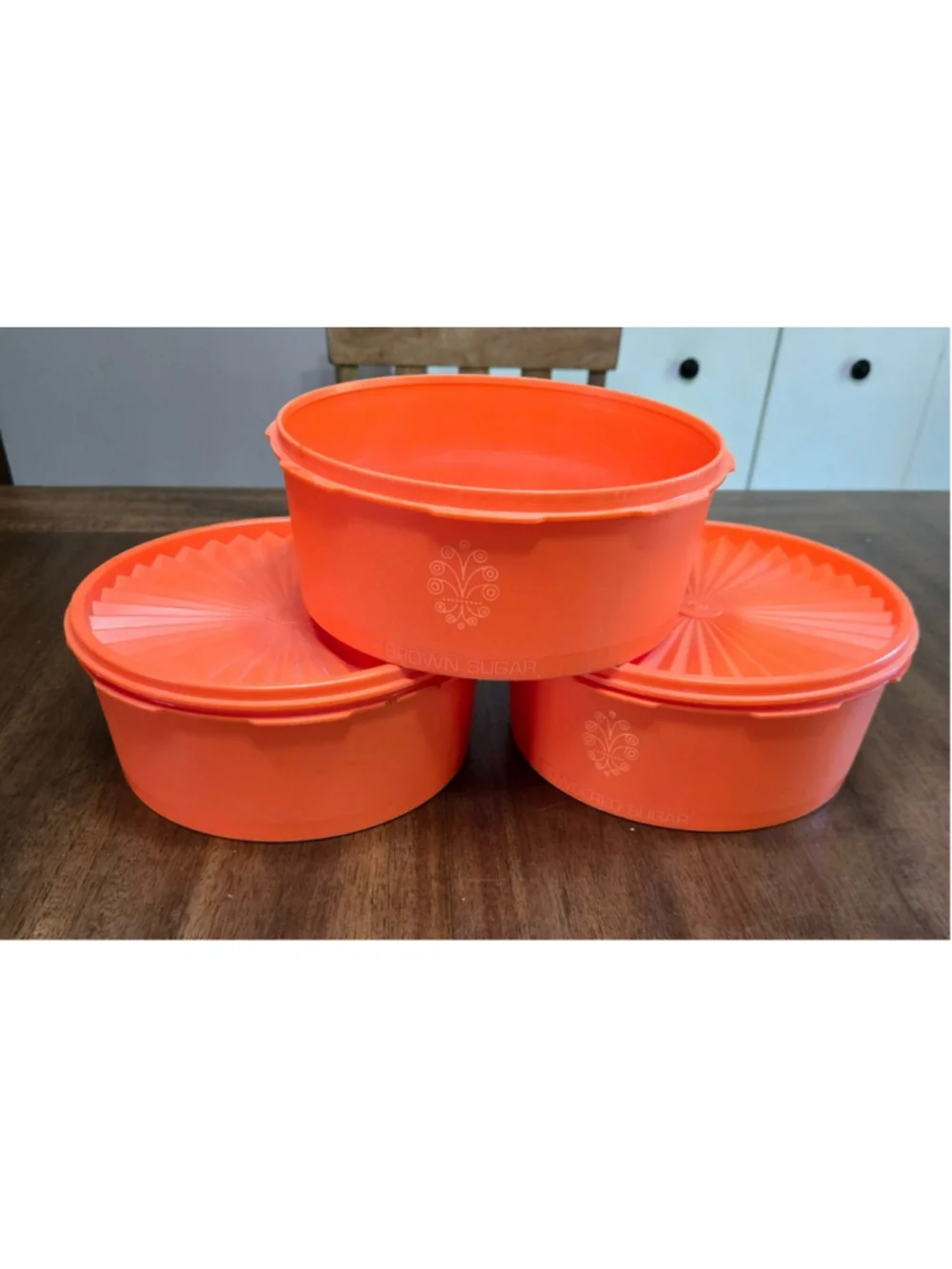 Vtg Tupperware Servalier Orange Canister Set 3pc Starburst2 Lids Retro 1970s USA